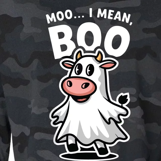 Moo I Mean Boo Cow Ghost Funny Halloween Cropped Pullover Crew