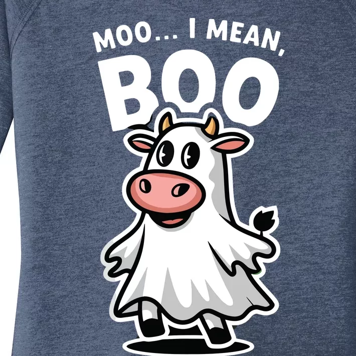 Moo I Mean Boo Cow Ghost Funny Halloween Women's Perfect Tri Tunic Long Sleeve Shirt