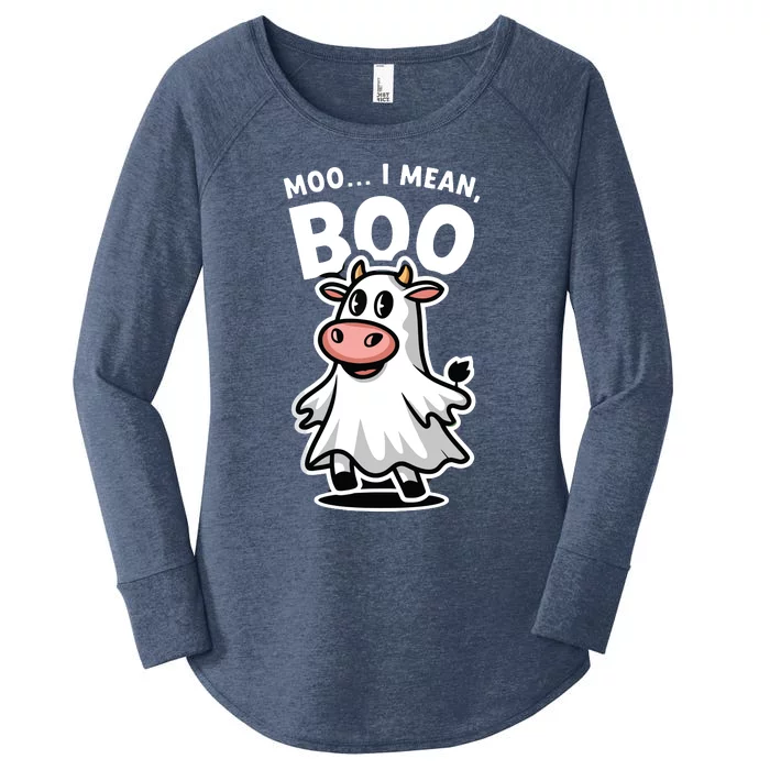 Moo I Mean Boo Cow Ghost Funny Halloween Women's Perfect Tri Tunic Long Sleeve Shirt