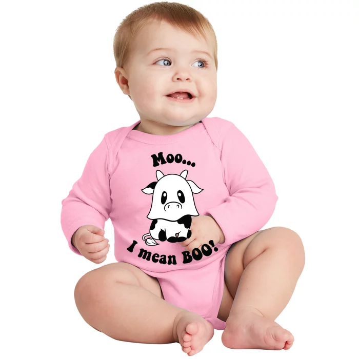 Moo I Mean Boo Cute Ghost Cow Funny Halloween Women Baby Long Sleeve Bodysuit