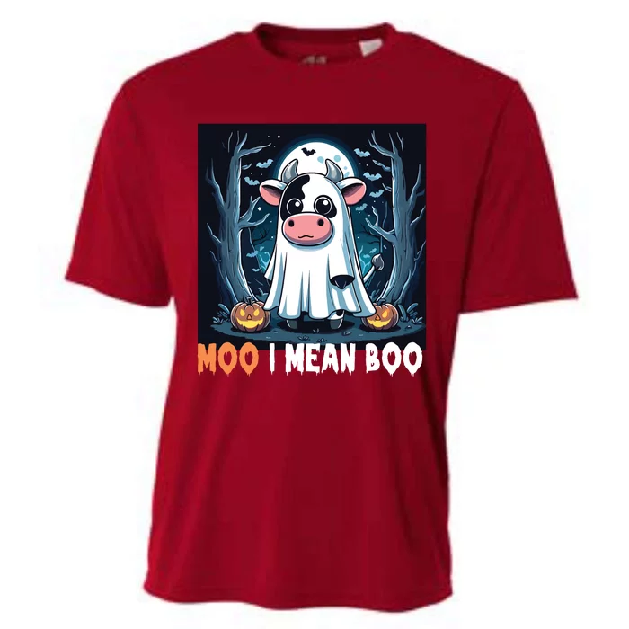 Moo I Mean Boo Ghost Cow Funny Halloween Lover Spooky Cow Long Sleeve Cooling Performance Crew T-Shirt