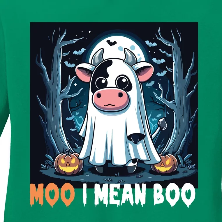 Moo I Mean Boo Ghost Cow Funny Halloween Lover Spooky Cow Long Sleeve Ladies Long Sleeve Shirt