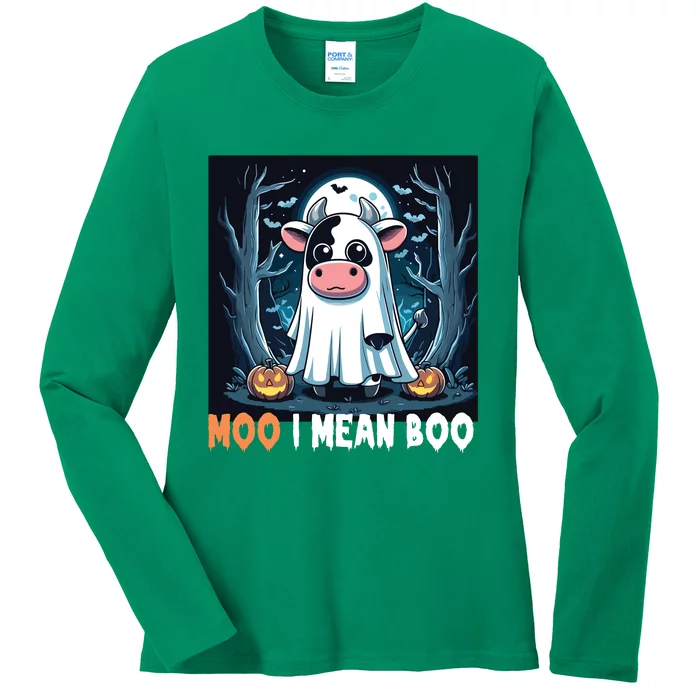 Moo I Mean Boo Ghost Cow Funny Halloween Lover Spooky Cow Long Sleeve Ladies Long Sleeve Shirt