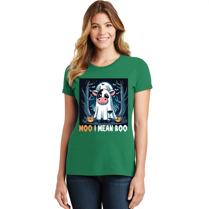 Moo I Mean Boo Ghost Cow Funny Halloween Lover Spooky Cow Long Sleeve Women's T-Shirt