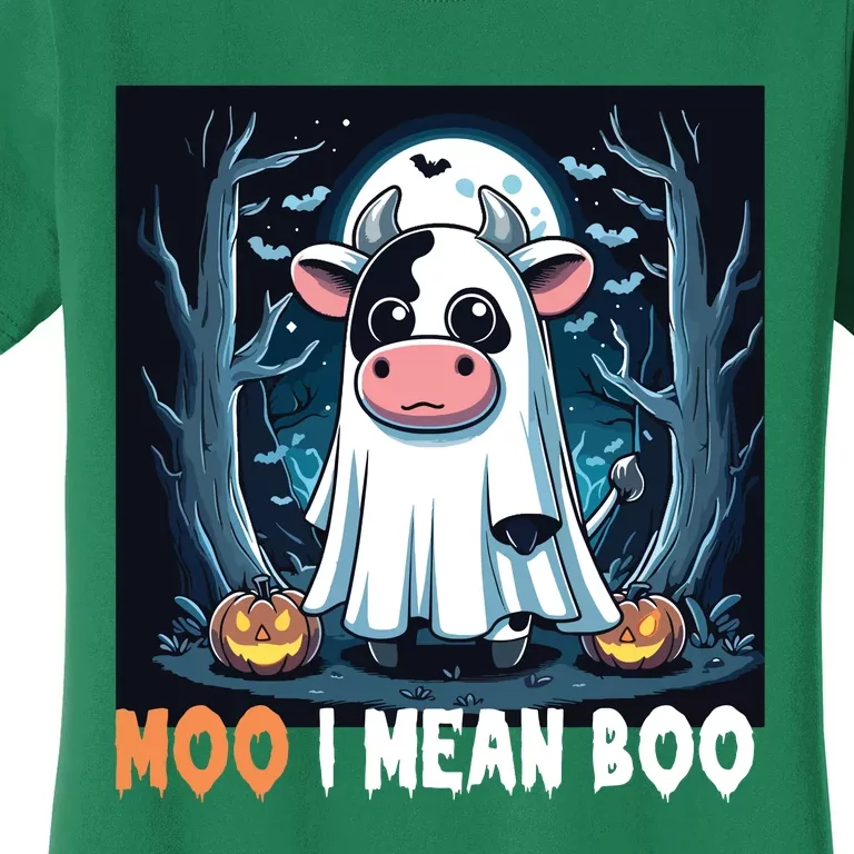 Moo I Mean Boo Ghost Cow Funny Halloween Lover Spooky Cow Long Sleeve Women's T-Shirt