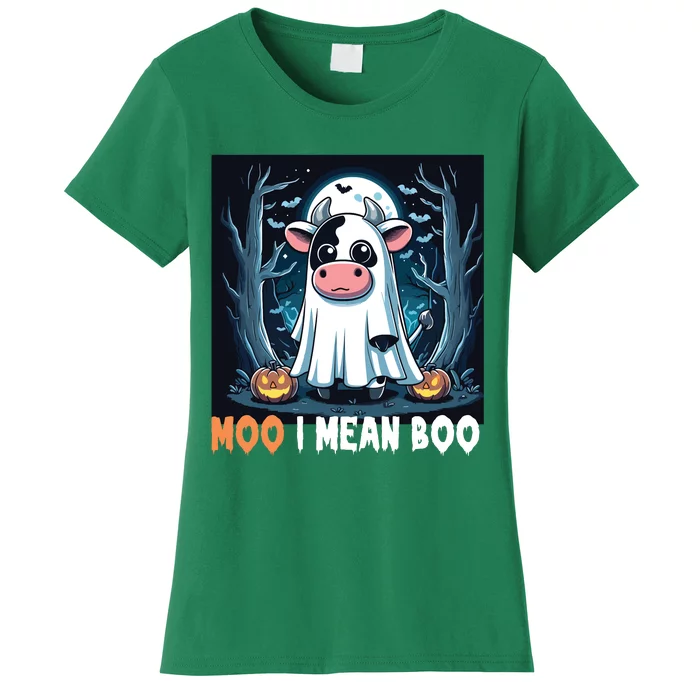 Moo I Mean Boo Ghost Cow Funny Halloween Lover Spooky Cow Long Sleeve Women's T-Shirt