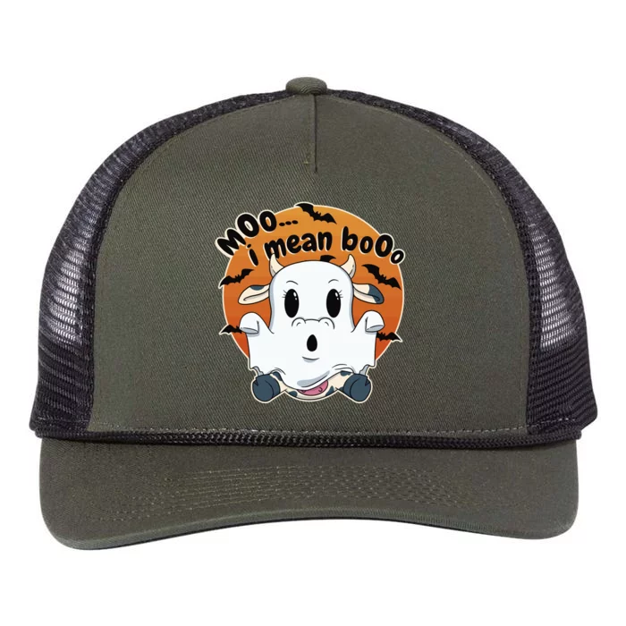 Moo I Mean Booo Cute Cow Ghost Halloween Gift Retro Rope Trucker Hat Cap