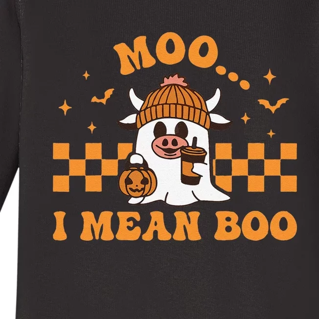 Moo I Mean Boo Cute Halloween Cow Drinking Coffee Baby Long Sleeve Bodysuit