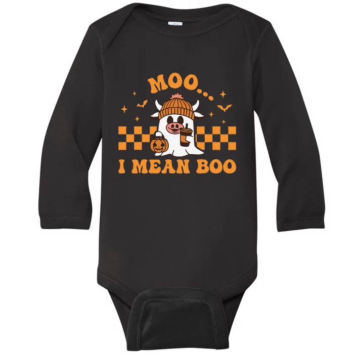 Moo I Mean Boo Cute Halloween Cow Drinking Coffee Baby Long Sleeve Bodysuit