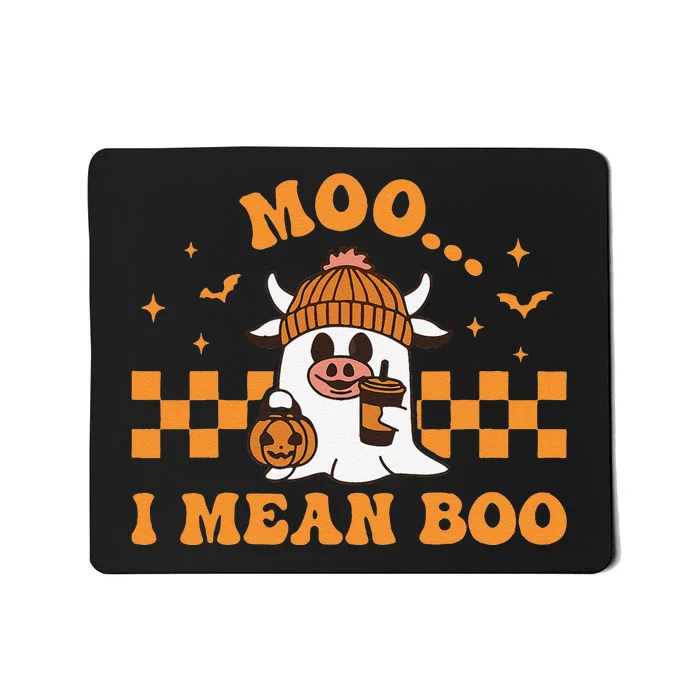 Moo I Mean Boo Cute Halloween Cow Drinking Coffee Mousepad