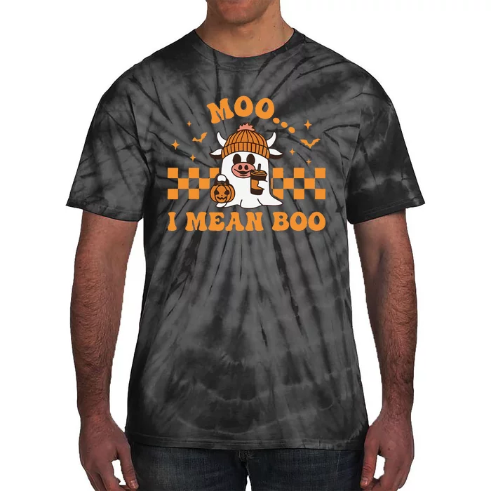 Moo I Mean Boo Cute Halloween Cow Drinking Coffee Tie-Dye T-Shirt