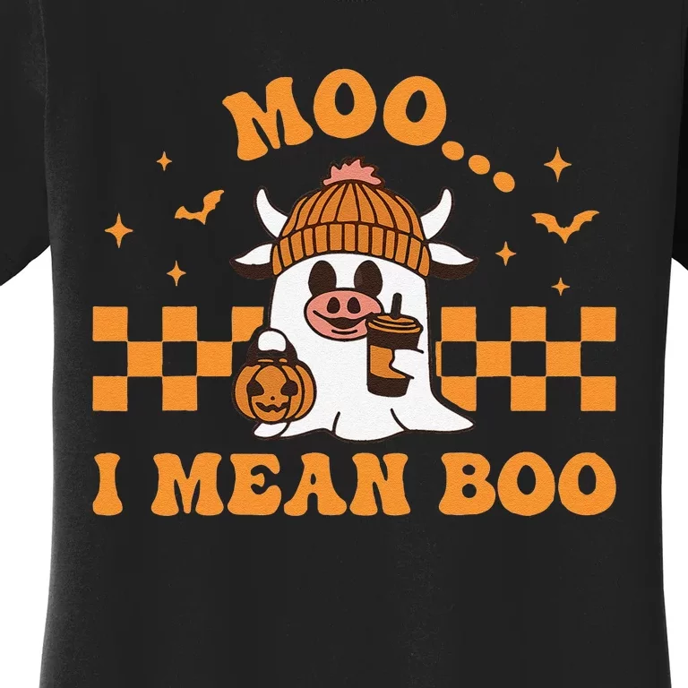 Moo I Mean Boo Cute Halloween Cow Drinking Coffee Women's T-Shirt