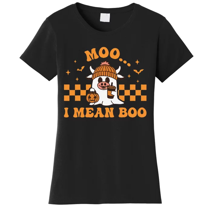 Moo I Mean Boo Cute Halloween Cow Drinking Coffee Women's T-Shirt