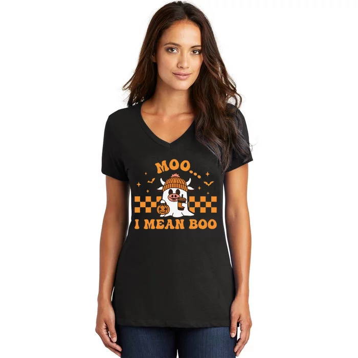 Moo I Mean Boo Cute Halloween Cow Drinking Coffee Women's V-Neck T-Shirt