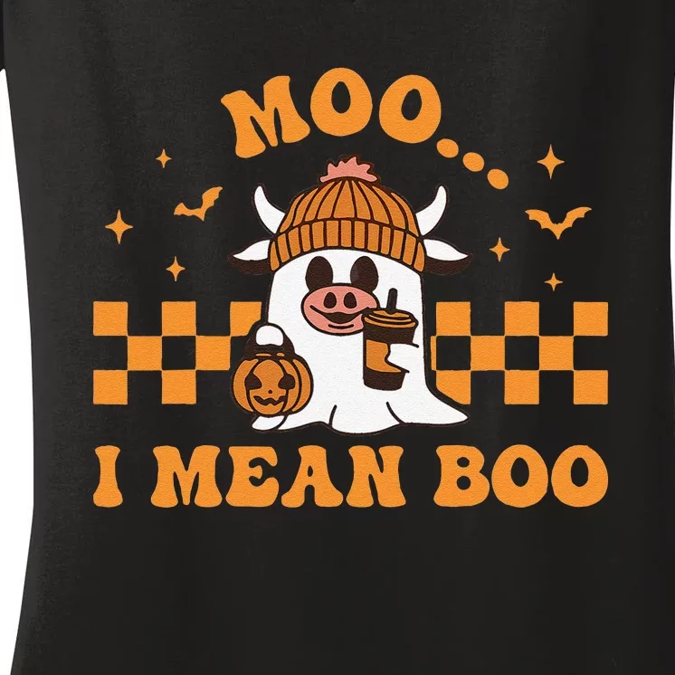 Moo I Mean Boo Cute Halloween Cow Drinking Coffee Women's V-Neck T-Shirt