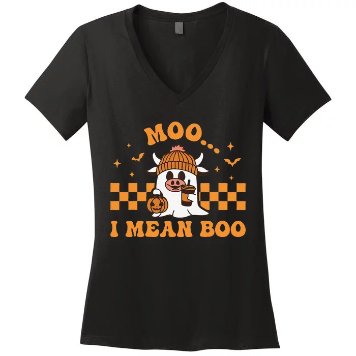 Moo I Mean Boo Cute Halloween Cow Drinking Coffee Women's V-Neck T-Shirt