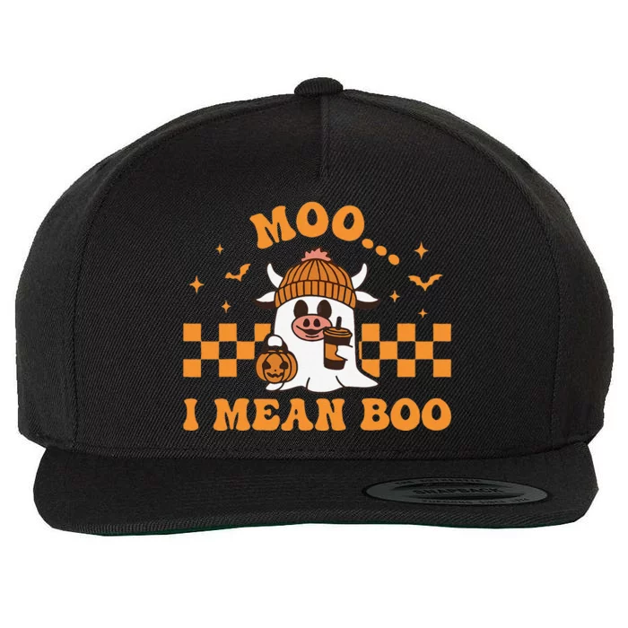 Moo I Mean Boo Cute Halloween Cow Drinking Coffee Wool Snapback Cap