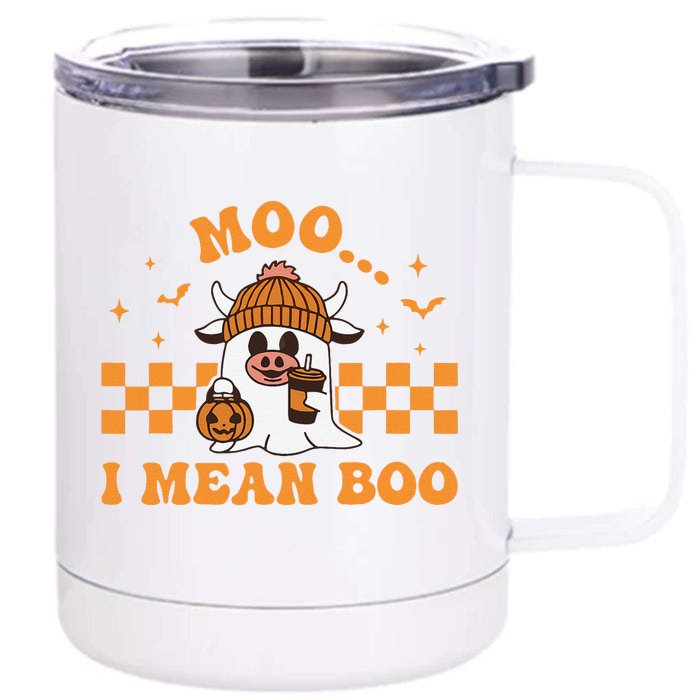 Moo I Mean Boo Cute Halloween Cow Drinking Coffee Front & Back 12oz Stainless Steel Tumbler Cup