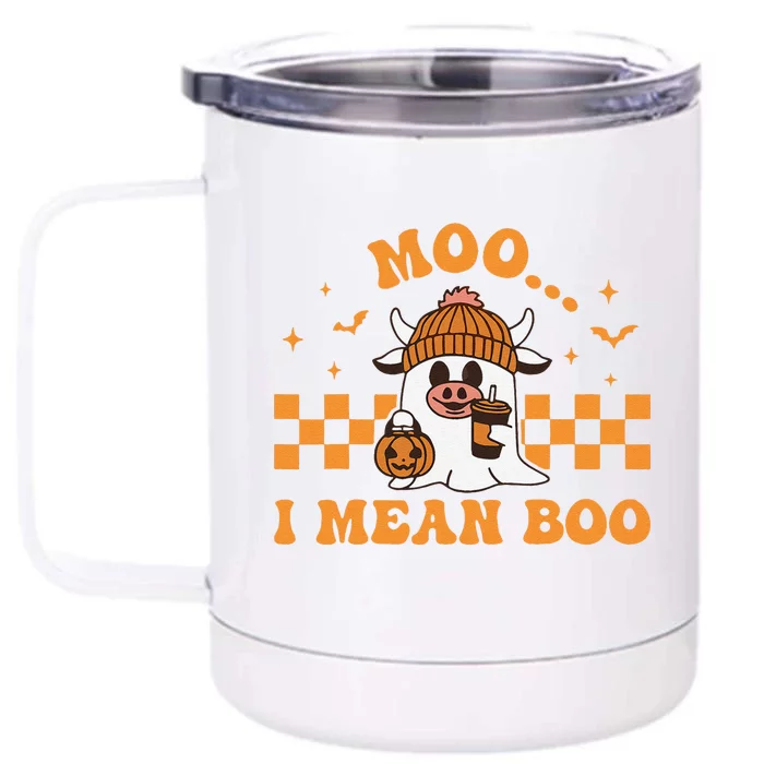 Moo I Mean Boo Cute Halloween Cow Drinking Coffee Front & Back 12oz Stainless Steel Tumbler Cup