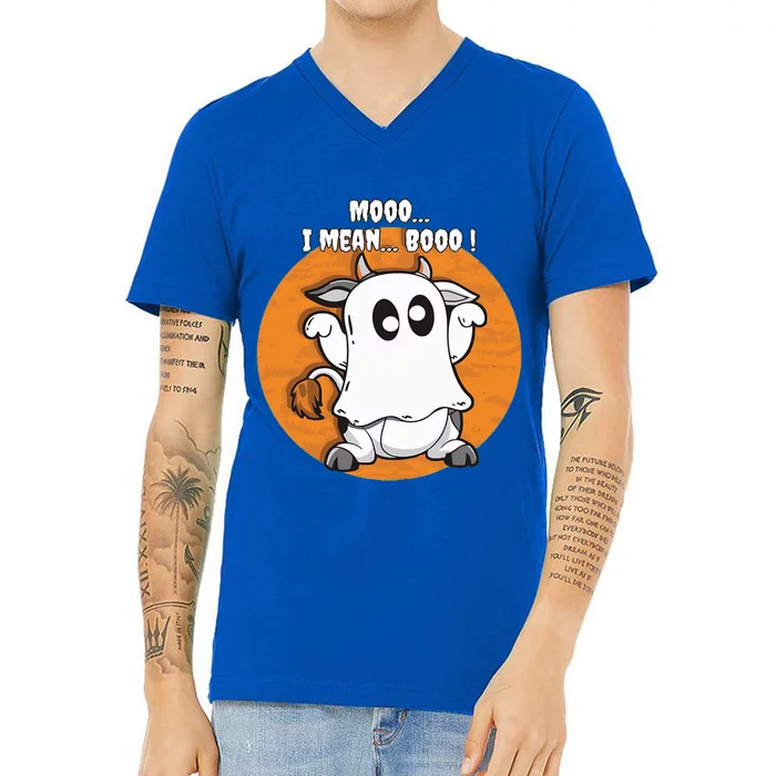 Moo I Mean Boo Funny Cow Ghost Halloween Gift V-Neck T-Shirt