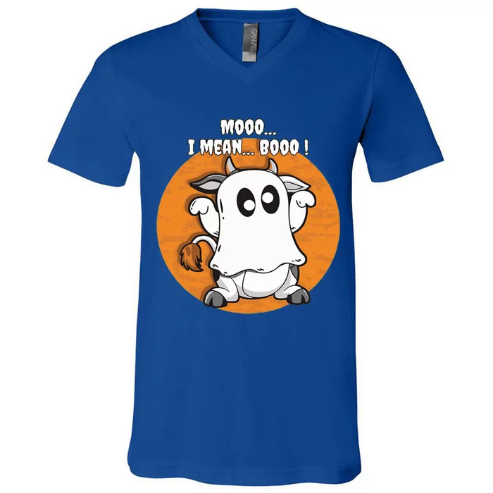 Moo I Mean Boo Funny Cow Ghost Halloween Gift V-Neck T-Shirt