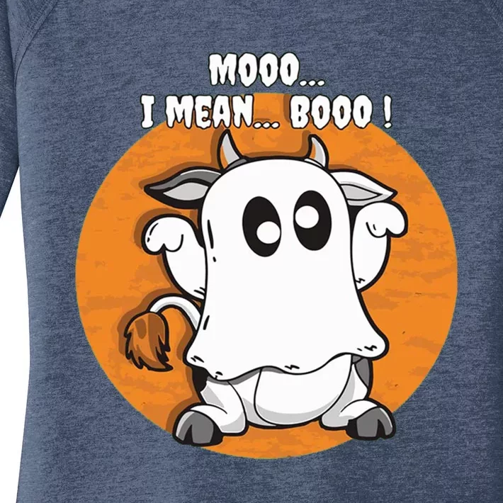 Moo I Mean Boo Funny Cow Ghost Halloween Gift Women's Perfect Tri Tunic Long Sleeve Shirt