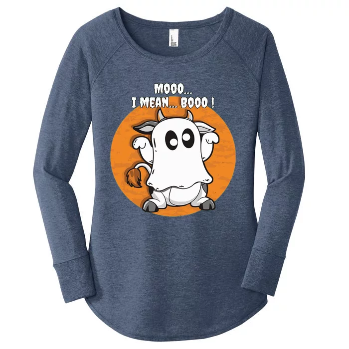 Moo I Mean Boo Funny Cow Ghost Halloween Gift Women's Perfect Tri Tunic Long Sleeve Shirt