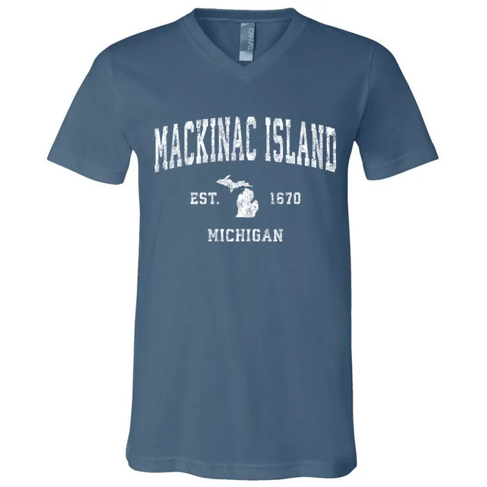 Mackinac Island Michigan Mi Vintage Athletic Sports V-Neck T-Shirt