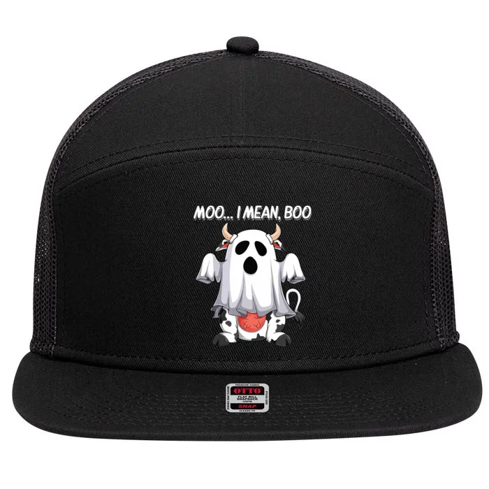 Moo I Mean Boo Ghost Cow Funny Halloween Women Cow 7 Panel Mesh Trucker Snapback Hat