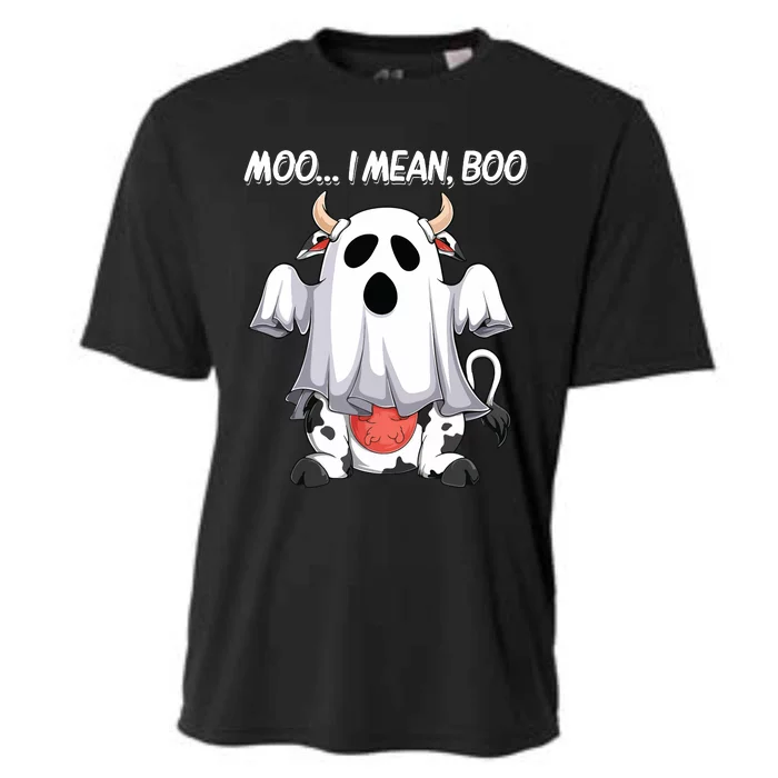 Moo I Mean Boo Ghost Cow Funny Halloween Women Cow Cooling Performance Crew T-Shirt