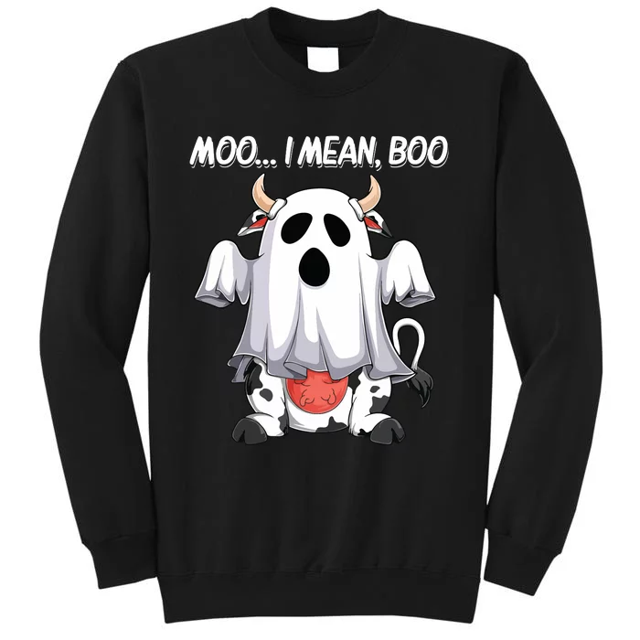 Moo I Mean Boo Ghost Cow Funny Halloween Women Cow Tall Sweatshirt