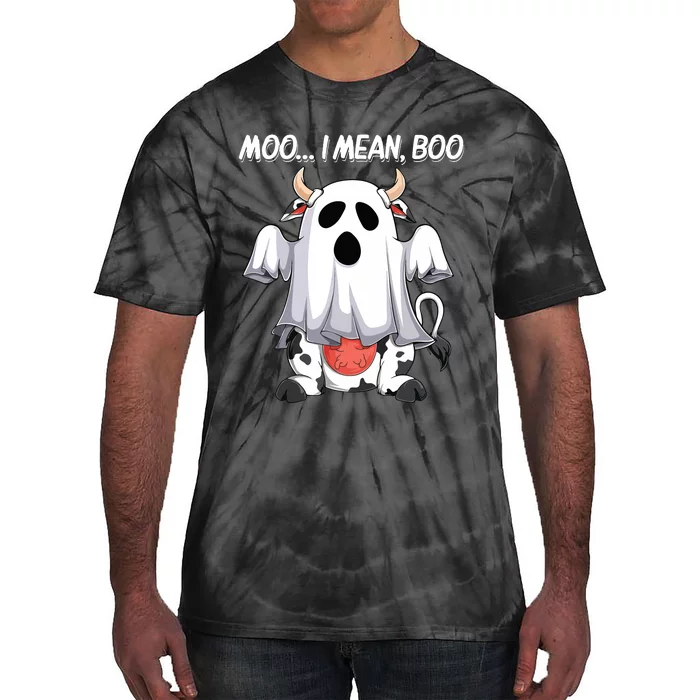 Moo I Mean Boo Ghost Cow Funny Halloween Women Cow Tie-Dye T-Shirt