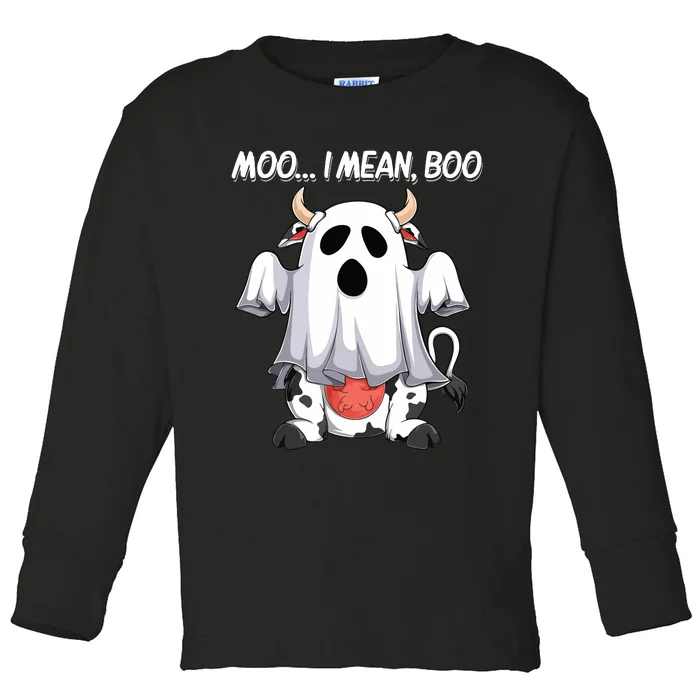 Moo I Mean Boo Ghost Cow Funny Halloween Women Cow Toddler Long Sleeve Shirt