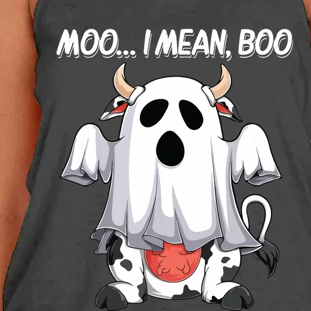 Moo I Mean Boo Ghost Cow Funny Halloween Women Cow Women's Knotted Racerback Tank