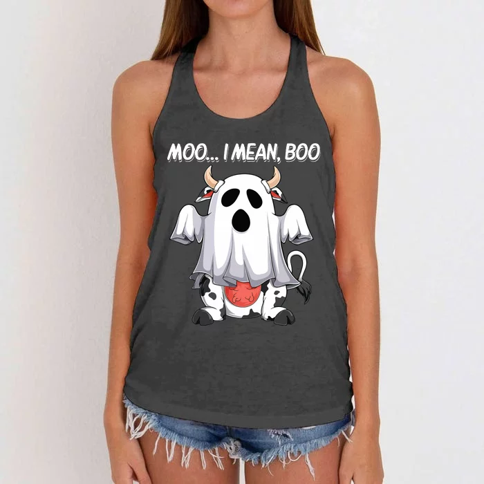 Moo I Mean Boo Ghost Cow Funny Halloween Women Cow Women's Knotted Racerback Tank