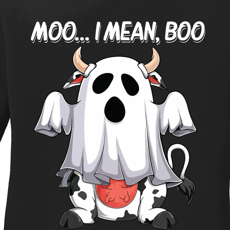 Moo I Mean Boo Ghost Cow Funny Halloween Women Cow Ladies Long Sleeve Shirt