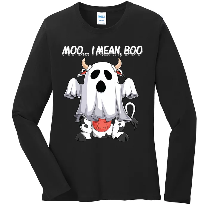 Moo I Mean Boo Ghost Cow Funny Halloween Women Cow Ladies Long Sleeve Shirt