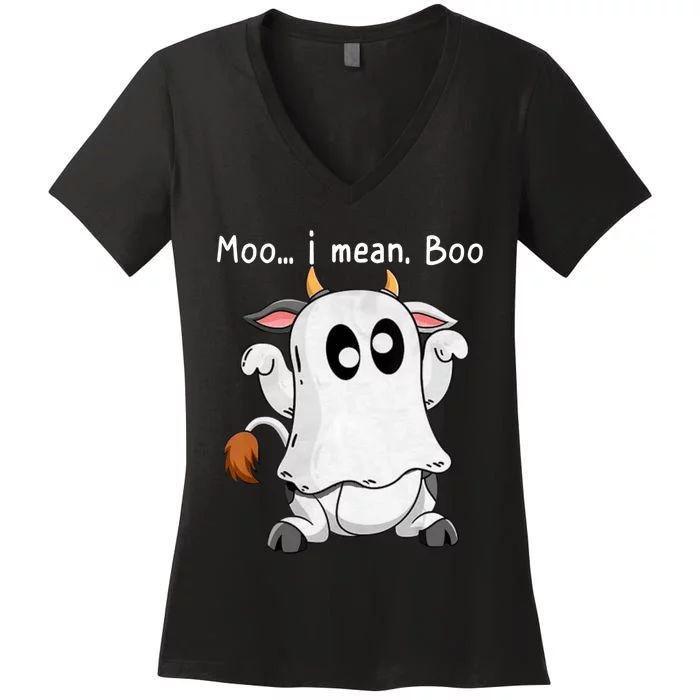 Moo I Mean Boo Ghost Cow Ghost Cow Halloween Farmer Women's V-Neck T-Shirt