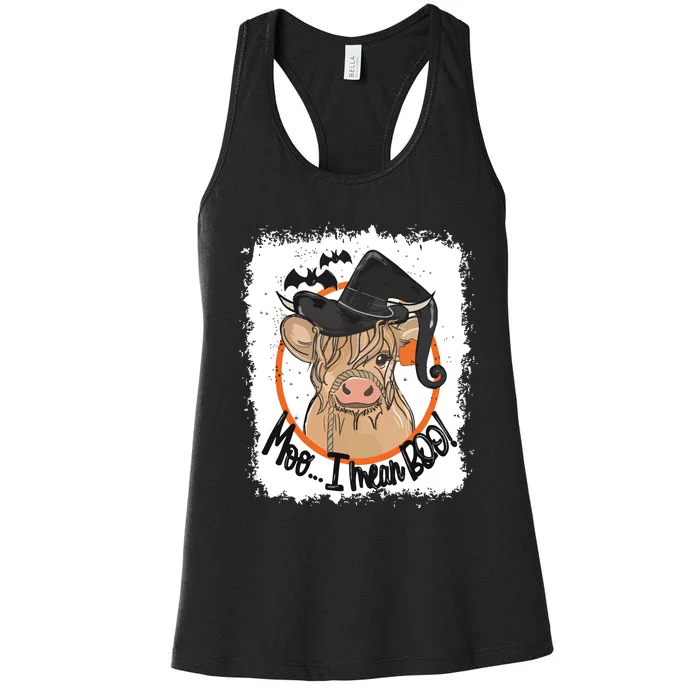 Moo I Mean Boo Ghost Witch Cow Bleached Funny Halloween Women's Racerback Tank