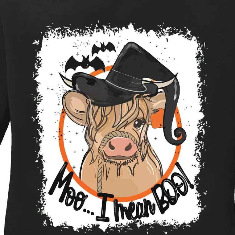 Moo I Mean Boo Ghost Witch Cow Bleached Funny Halloween Ladies Long Sleeve Shirt