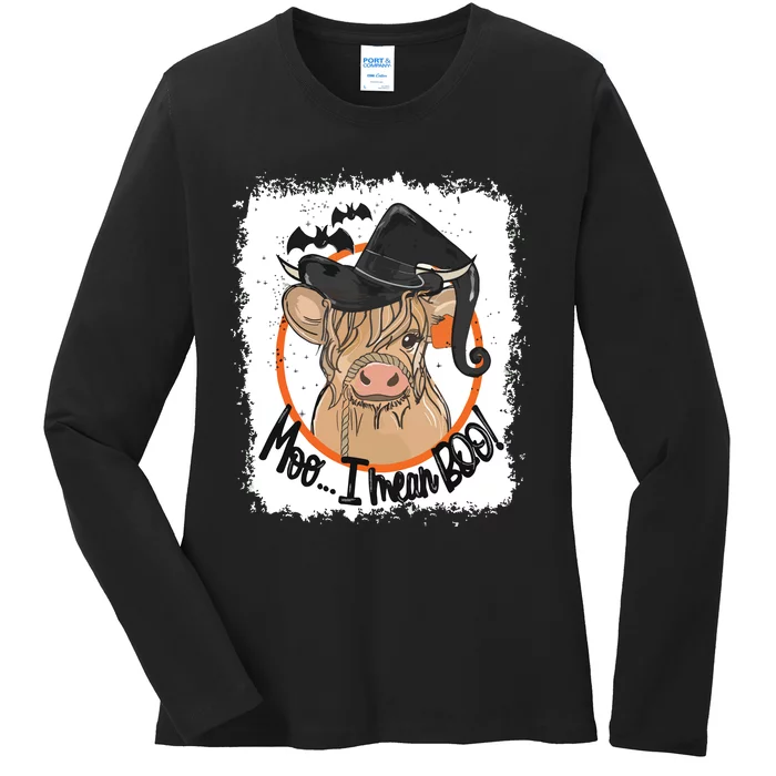 Moo I Mean Boo Ghost Witch Cow Bleached Funny Halloween Ladies Long Sleeve Shirt