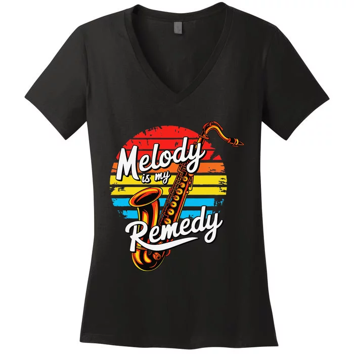 Melody Is My Remedy Funny Saxophone Women's V-Neck T-Shirt