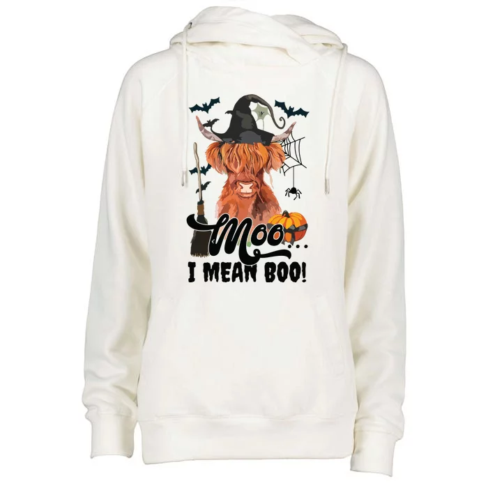 Moo I Mean Boo Witch Scottish Highland Cow Halloween Costume Long Sleeve Womens Funnel Neck Pullover Hood