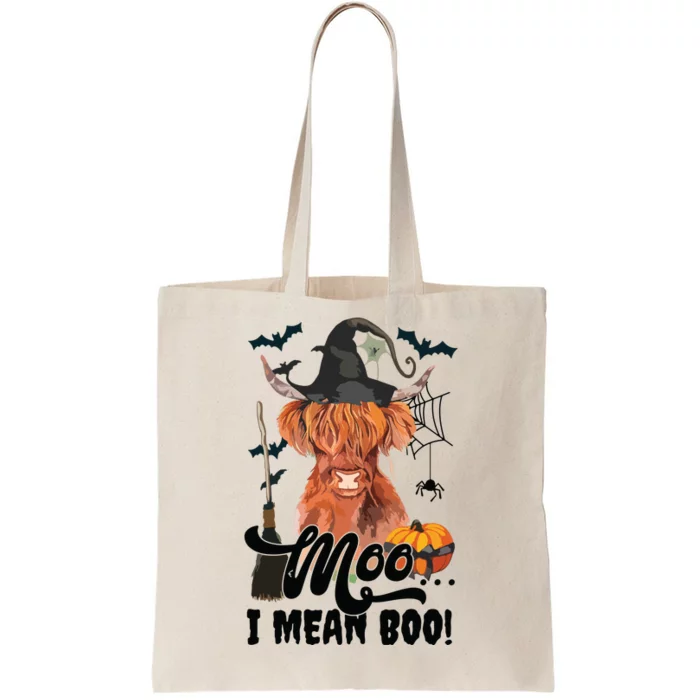 Moo I Mean Boo Witch Scottish Highland Cow Halloween Costume Long Sleeve Tote Bag