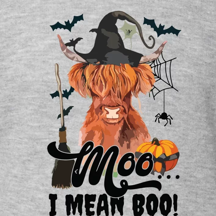 Moo I Mean Boo Witch Scottish Highland Cow Halloween Costume Long Sleeve Toddler Sweatshirt