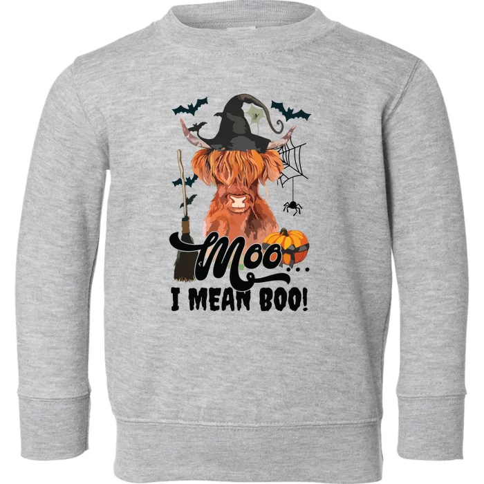 Moo I Mean Boo Witch Scottish Highland Cow Halloween Costume Long Sleeve Toddler Sweatshirt