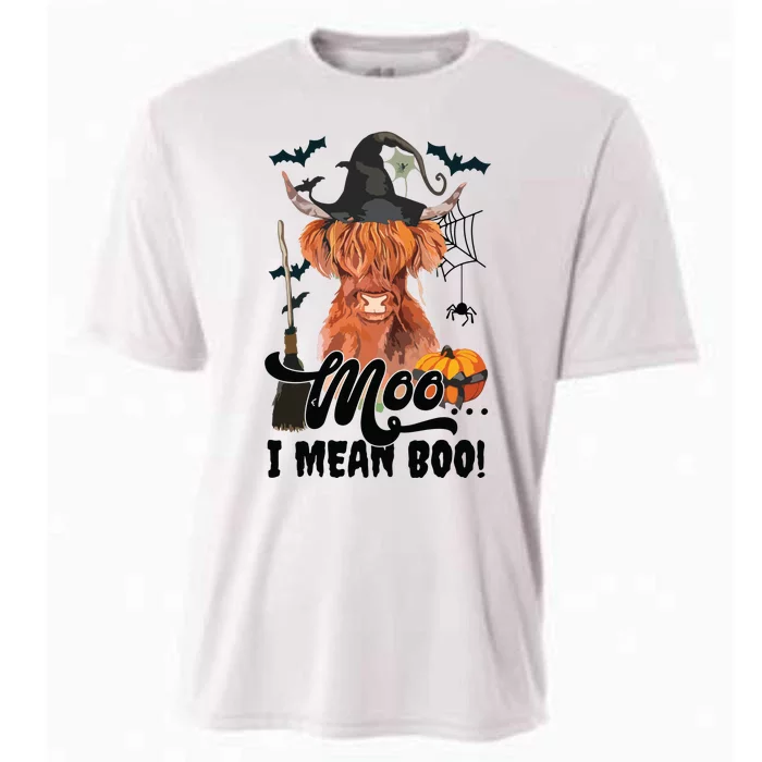 Moo I Mean Boo Witch Scottish Highland Cow Halloween Costume Long Sleeve Cooling Performance Crew T-Shirt