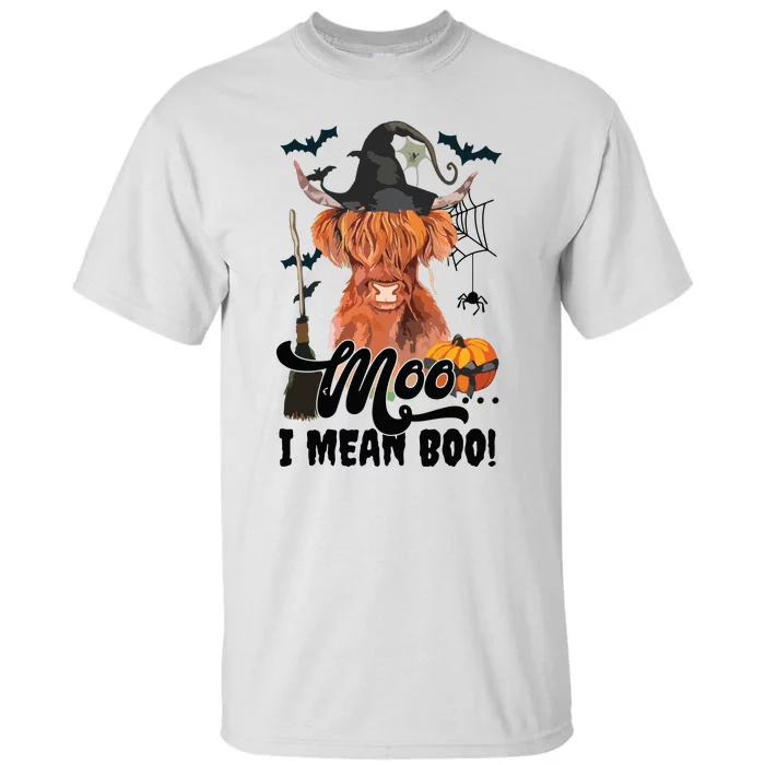 Moo I Mean Boo Witch Scottish Highland Cow Halloween Costume Long Sleeve Tall T-Shirt