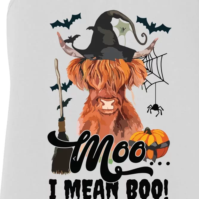 Moo I Mean Boo Witch Scottish Highland Cow Halloween Costume Long Sleeve Women's Racerback Tank