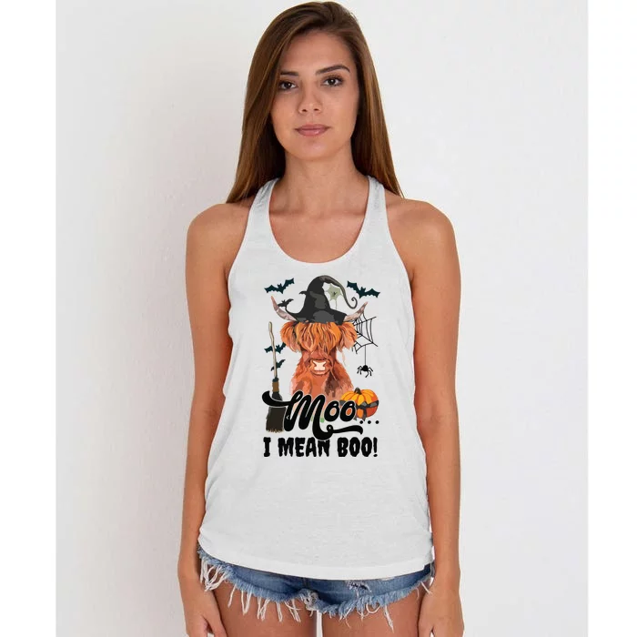 Moo I Mean Boo Witch Scottish Highland Cow Halloween Costume Long Sleeve Women's Knotted Racerback Tank